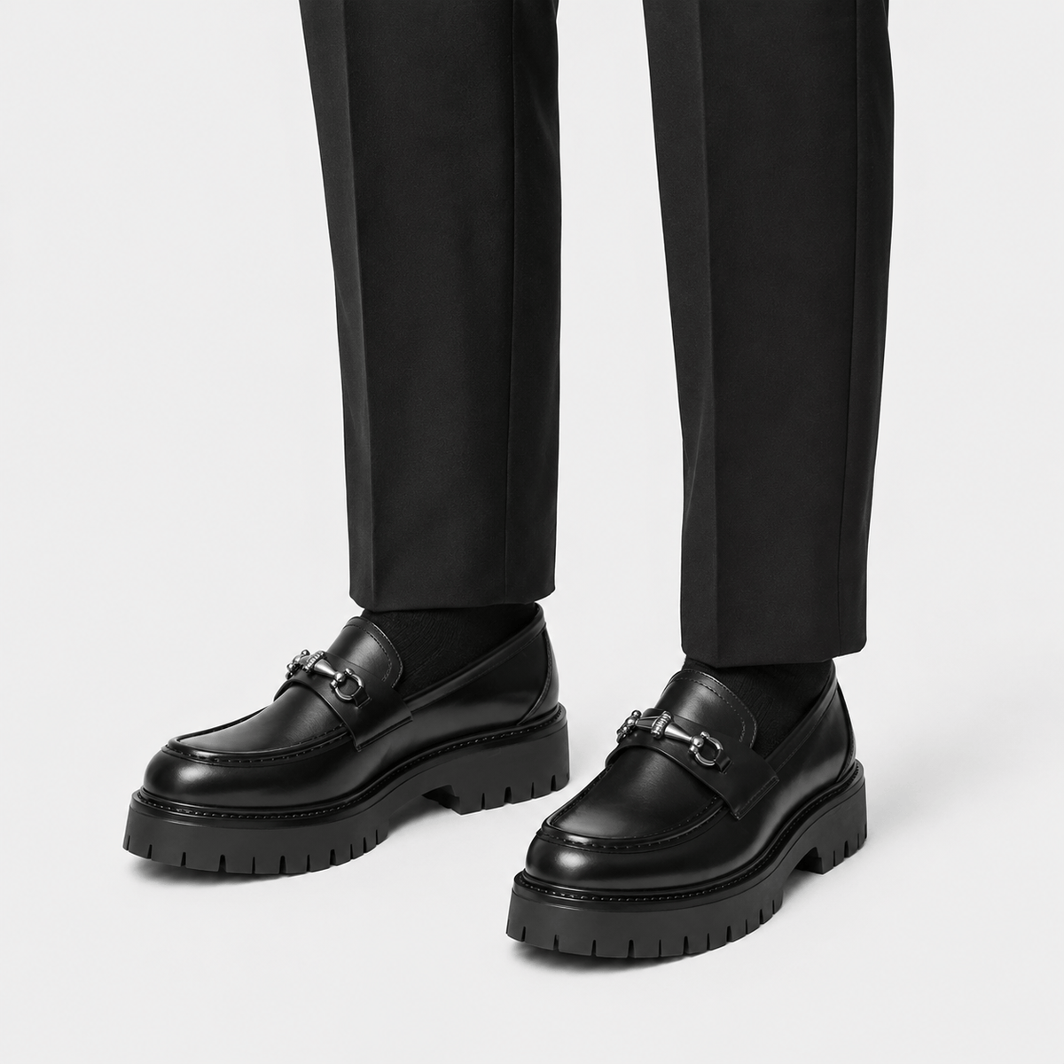 Ma boutique Mens Thick Sole Penny Loafers – Black Classic Buckle Slip-On Formal Business Dress Shoes
