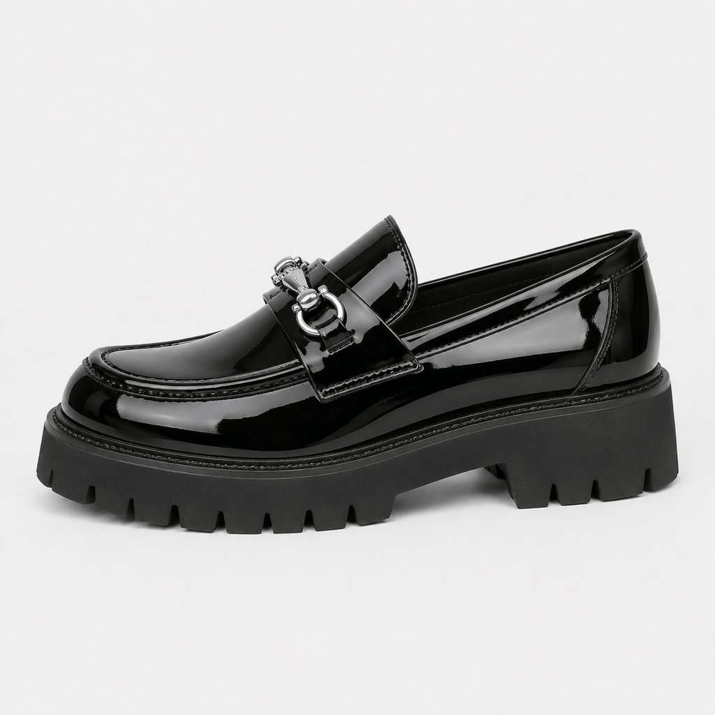 Ma boutique Mens Thick Sole Penny Loafers – Black Glossy Buckle Slip-On Business Dress Shoes