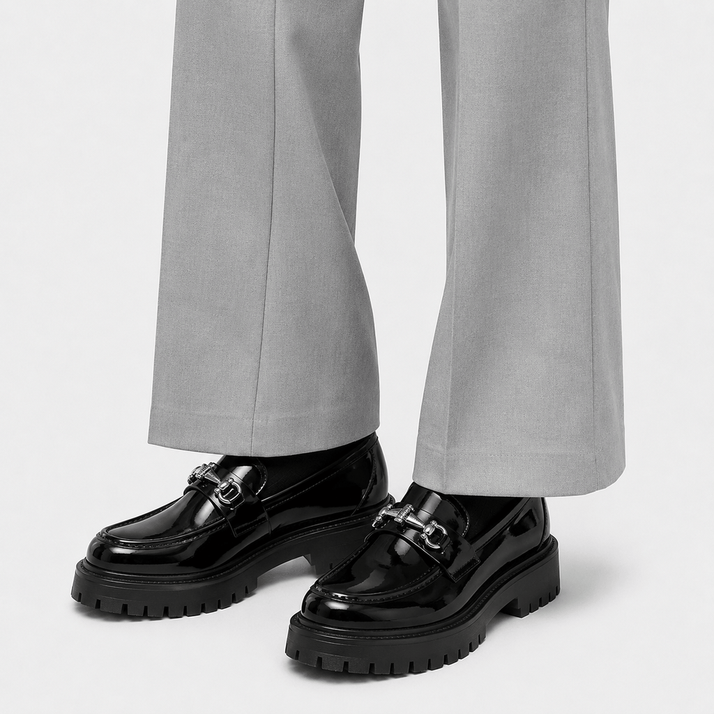 Ma boutique Mens Thick Sole Penny Loafers – Black Glossy Buckle Slip-On Business Dress Shoes