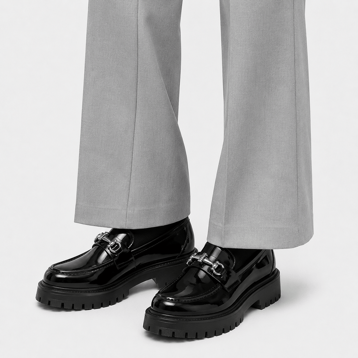 Ma boutique Mens Thick Sole Penny Loafers – Black Glossy Buckle Slip-On Business Dress Shoes
