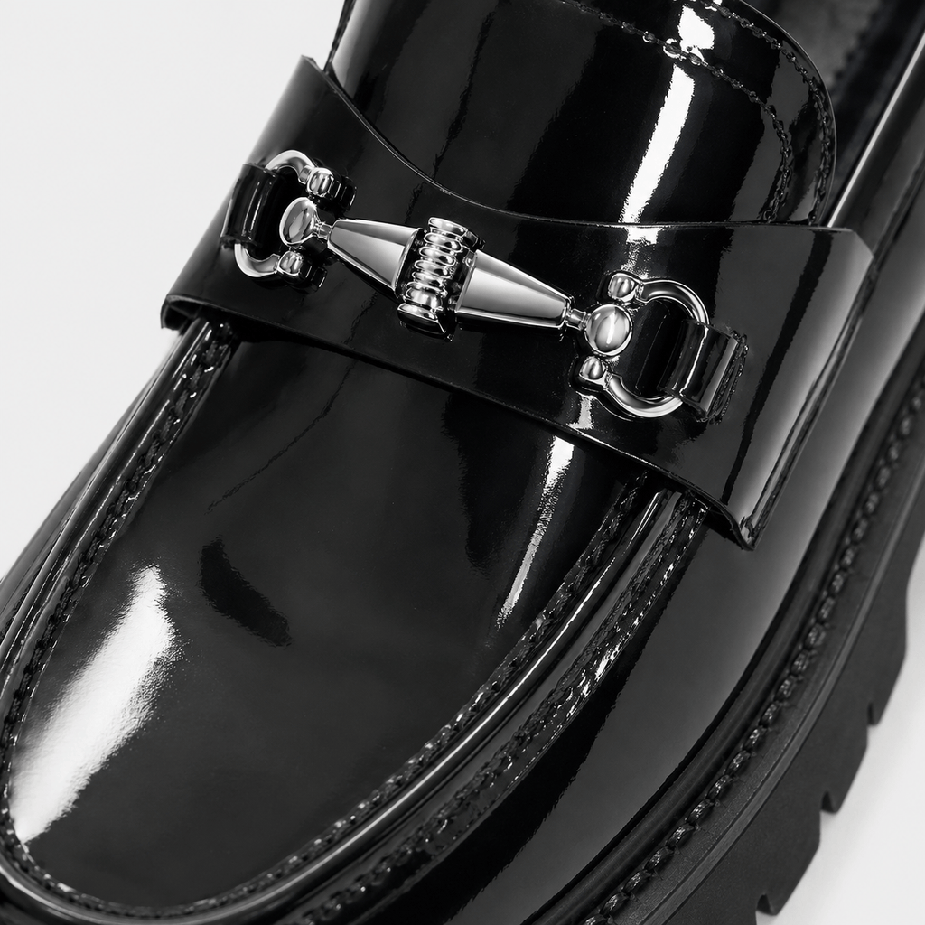Ma boutique Mens Thick Sole Penny Loafers – Black Glossy Buckle Slip-On Business Dress Shoes