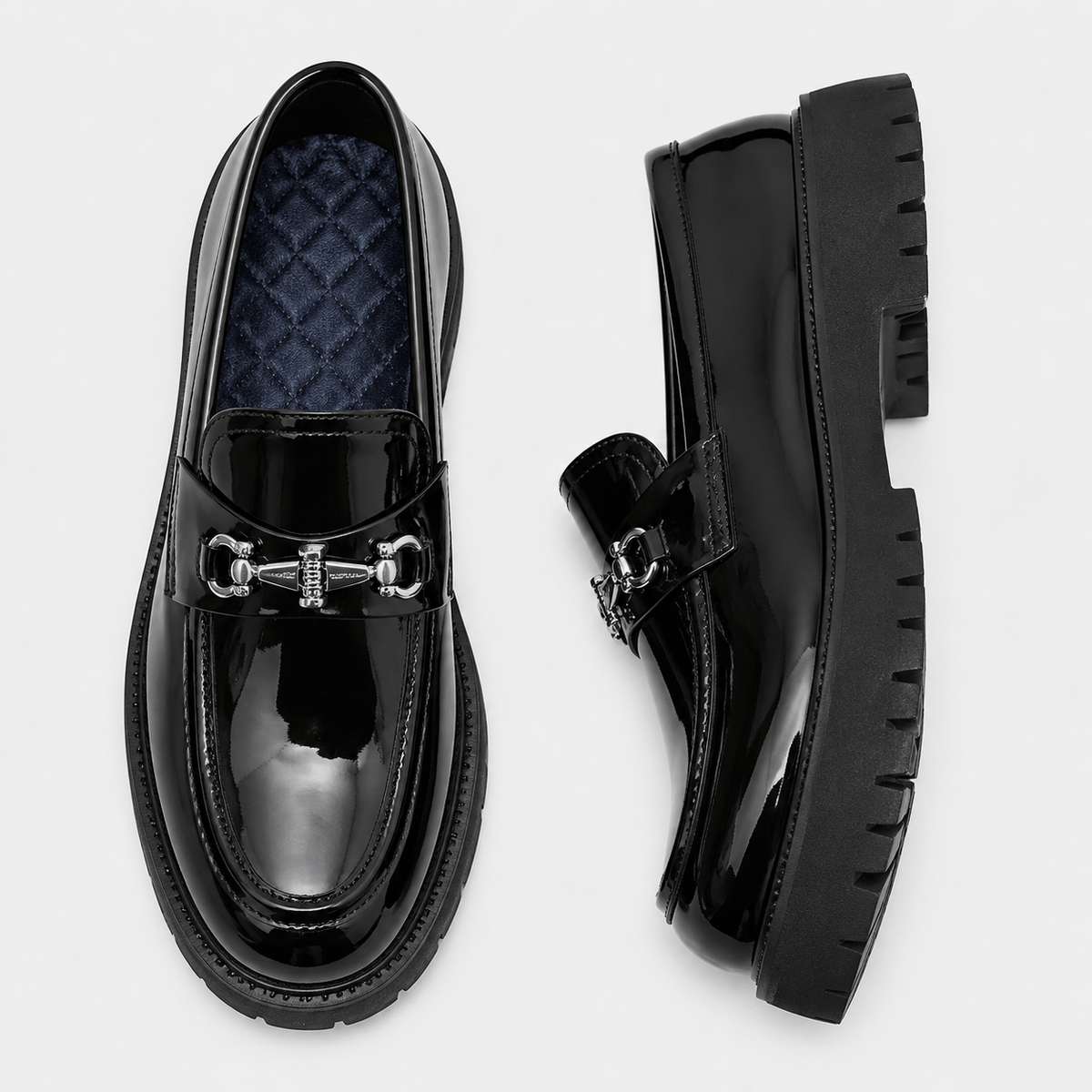 Ma boutique Mens Thick Sole Penny Loafers – Black Glossy Buckle Slip-On Business Dress Shoes