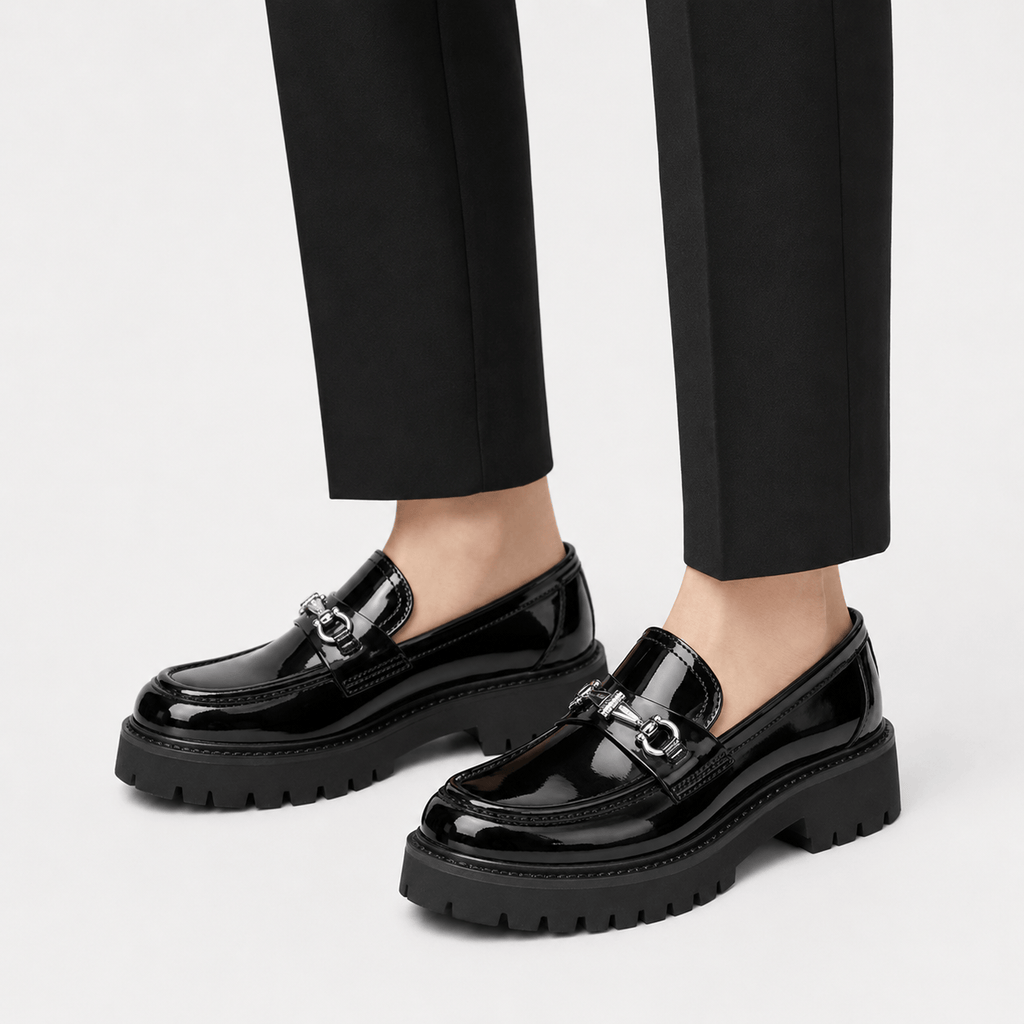 Ma boutique Mens Thick Sole Penny Loafers – Black Glossy Buckle Slip-On Business Dress Shoes