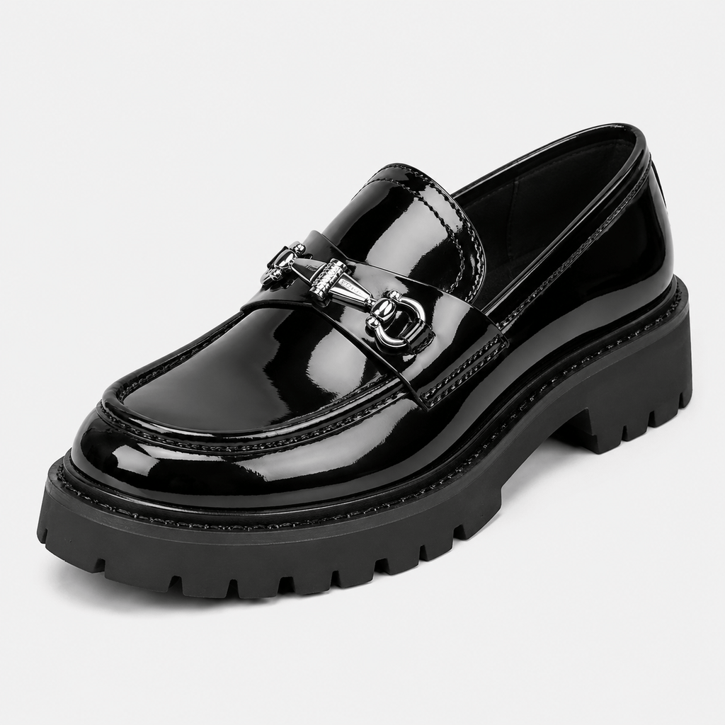 Ma boutique Mens Thick Sole Penny Loafers – Black Glossy Buckle Slip-On Business Dress Shoes