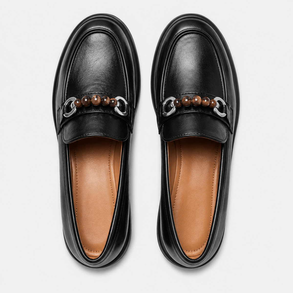 Ma boutique Women's Black Chunky Heel Loafers – Beaded Buckle Leather Dress Shoes for Ladies