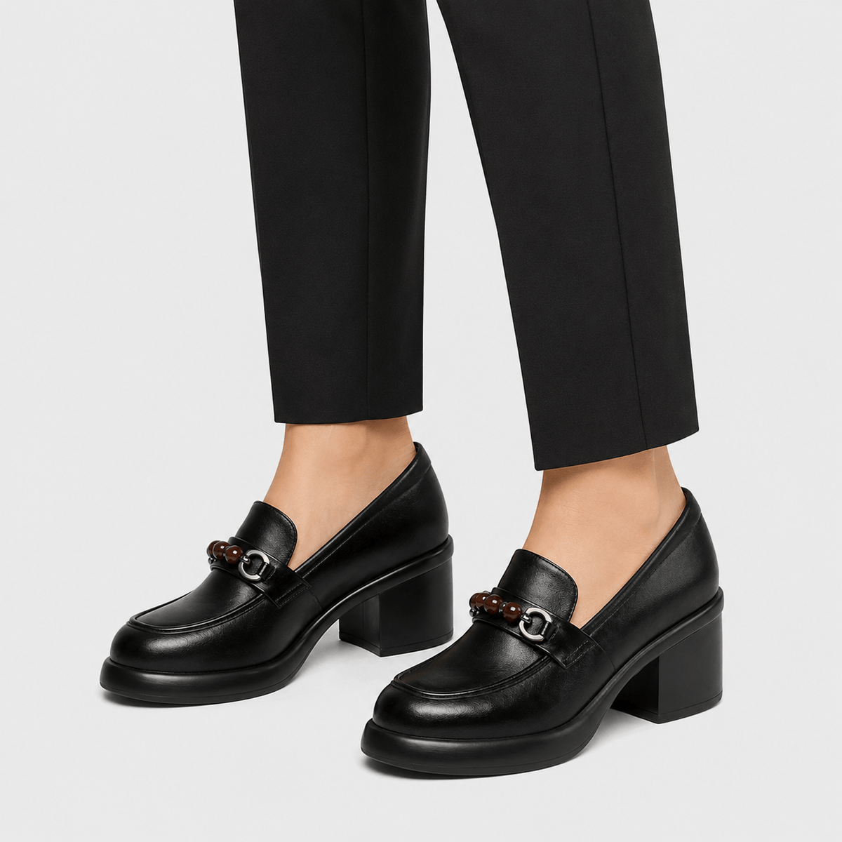 Ma boutique Women's Black Chunky Heel Loafers – Beaded Buckle Leather Dress Shoes for Ladies