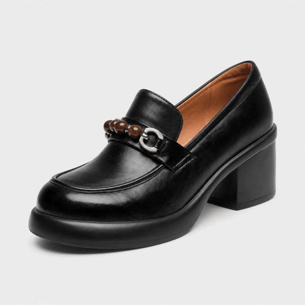 Ma boutique Women's Black Chunky Heel Loafers – Beaded Buckle Leather Dress Shoes for Ladies