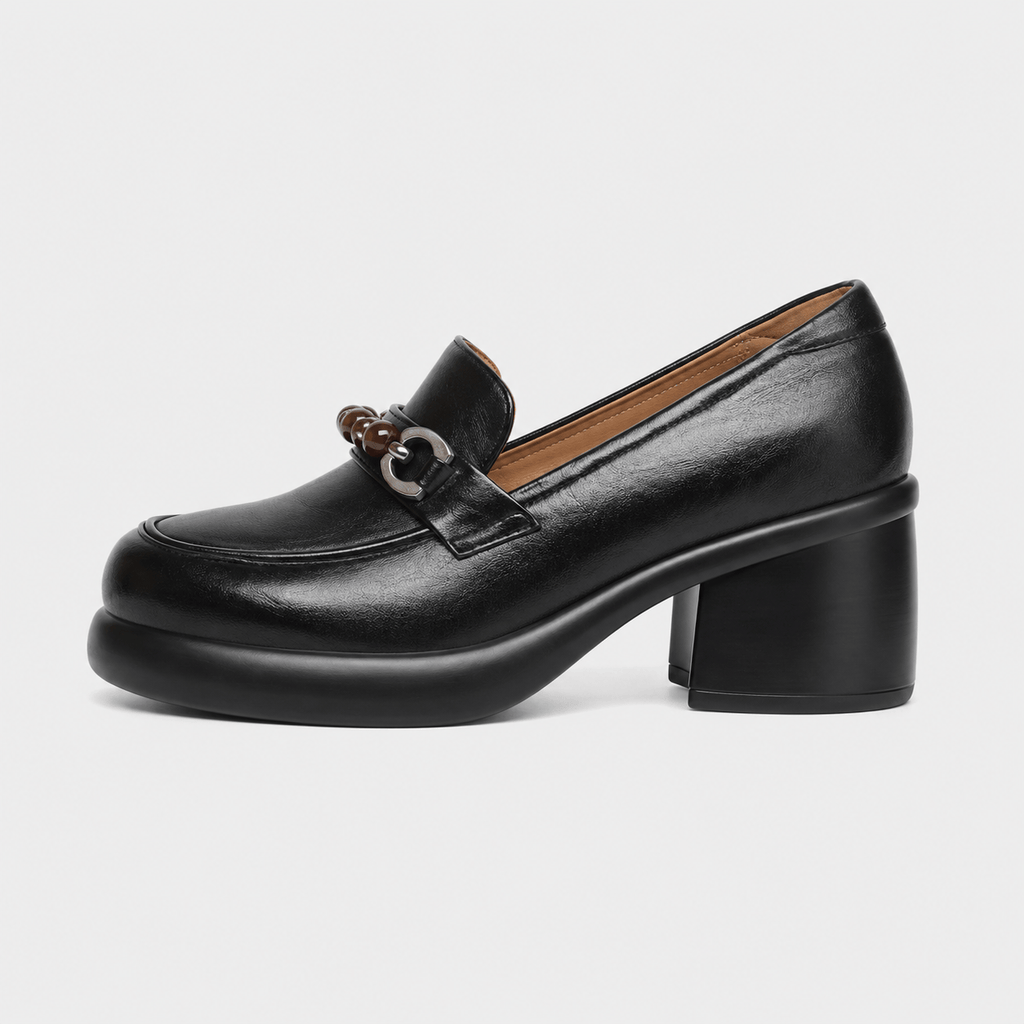 Ma boutique Women's Black Chunky Heel Loafers – Beaded Buckle Leather Dress Shoes for Ladies