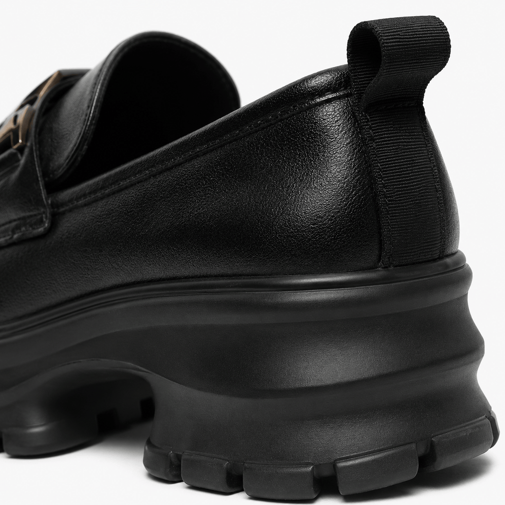 Ma boutique Women's Black Genuine Leather Platform Loafers – Black Thick Sole Casual Office Flat Shoes