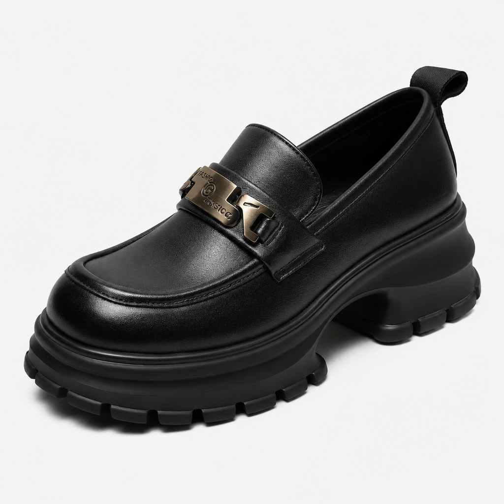 Ma boutique Women's Black Genuine Leather Platform Loafers – Black Thick Sole Casual Office Flat Shoes