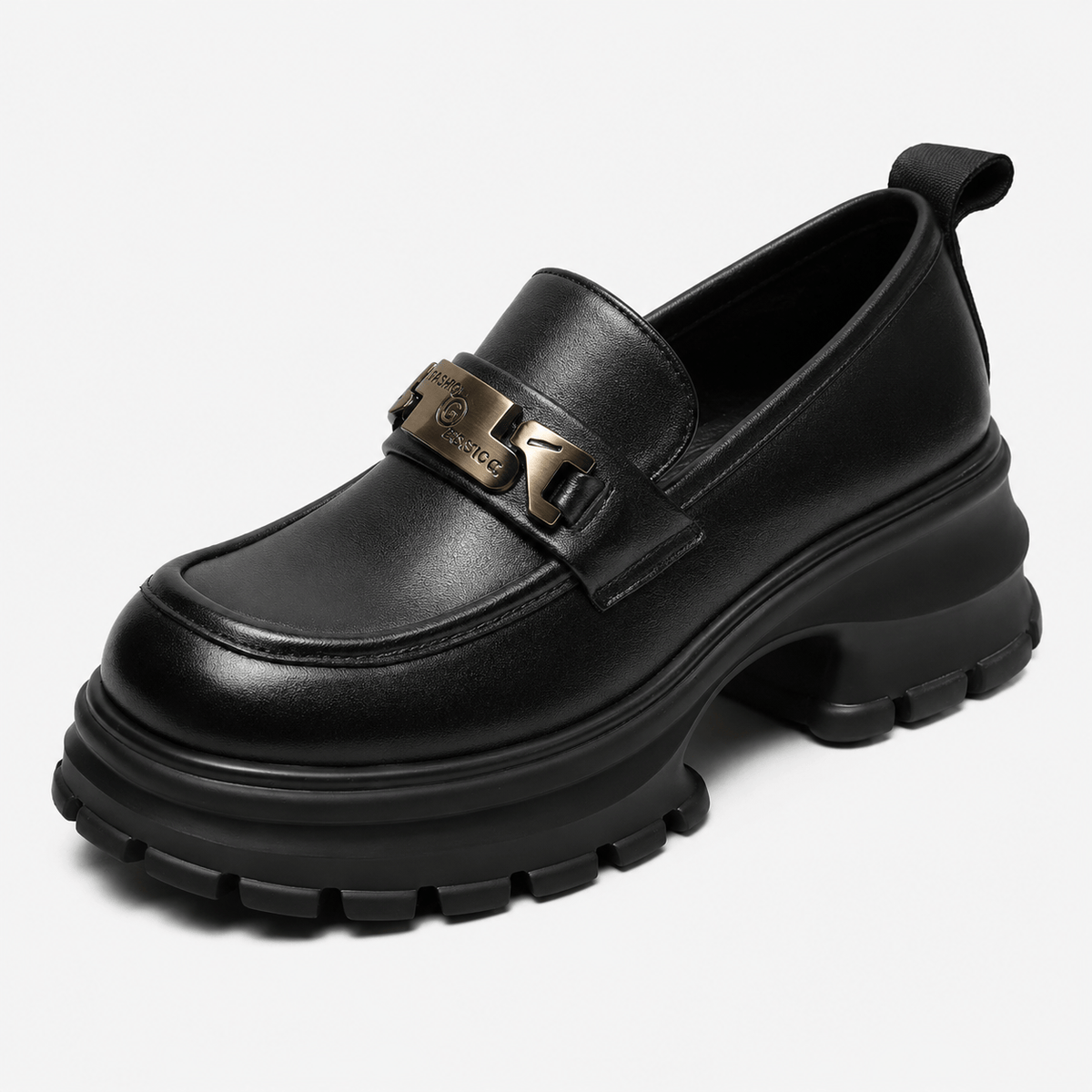 Ma boutique Women's Black Genuine Leather Platform Loafers – Black Thick Sole Casual Office Flat Shoes