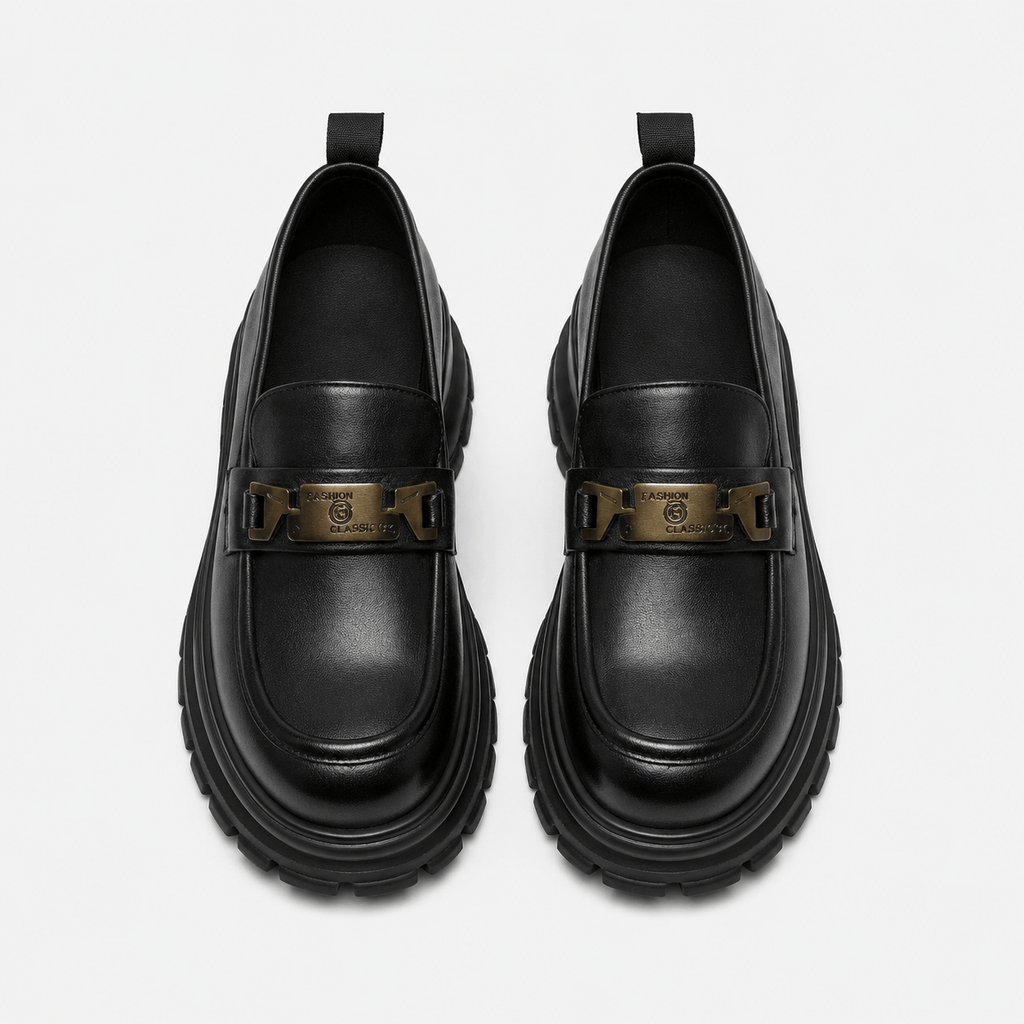 Ma boutique Women's Black Genuine Leather Platform Loafers – Black Thick Sole Casual Office Flat Shoes