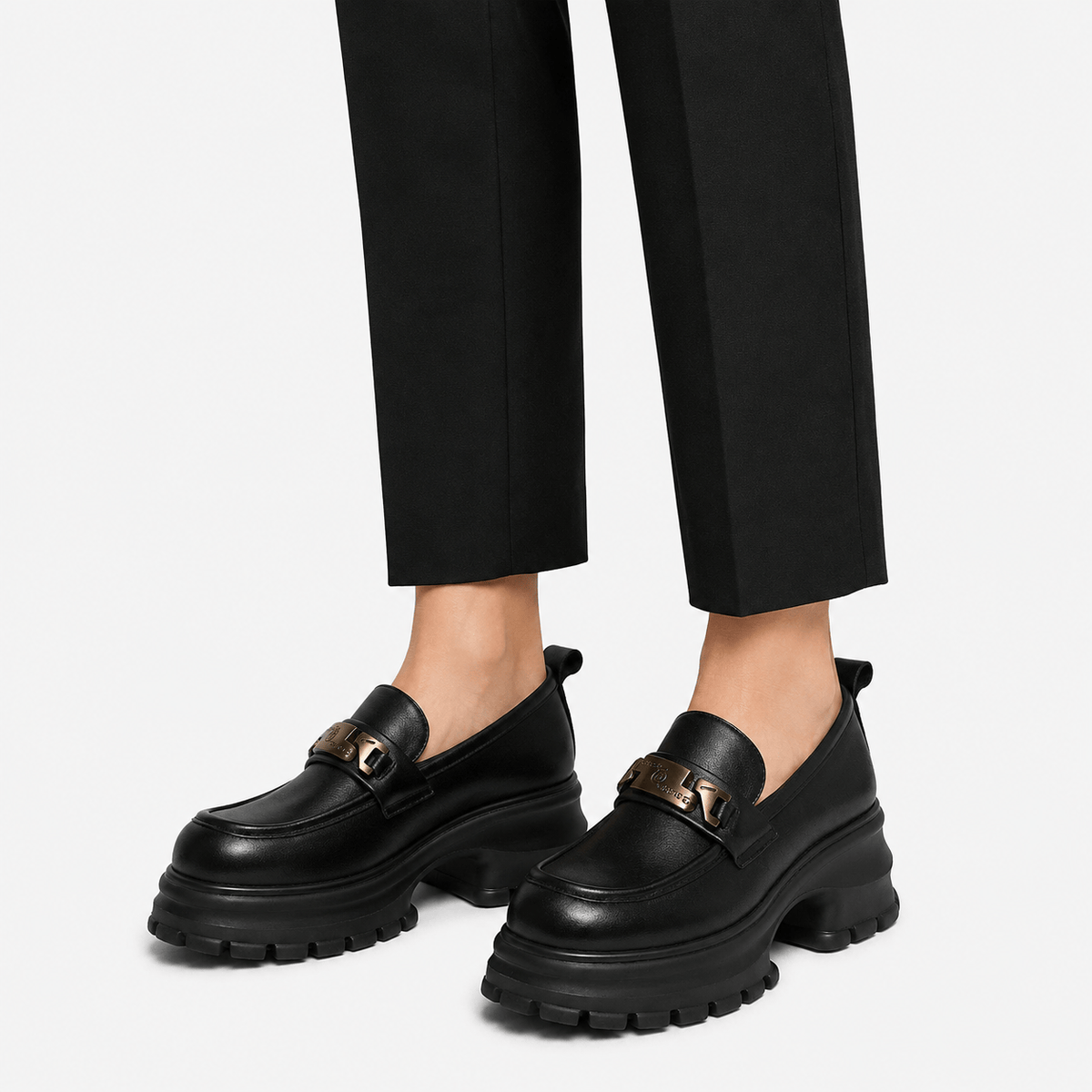 Ma boutique Women's Black Genuine Leather Platform Loafers – Black Thick Sole Casual Office Flat Shoes