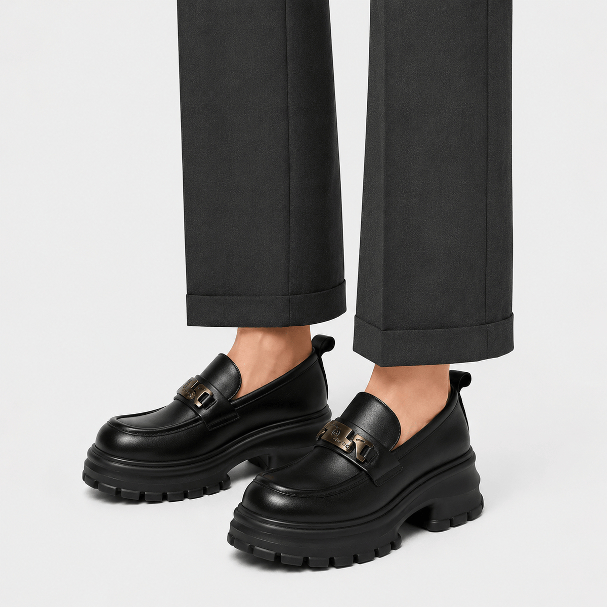 Ma boutique Women's Black Genuine Leather Platform Loafers – Black Thick Sole Casual Office Flat Shoes