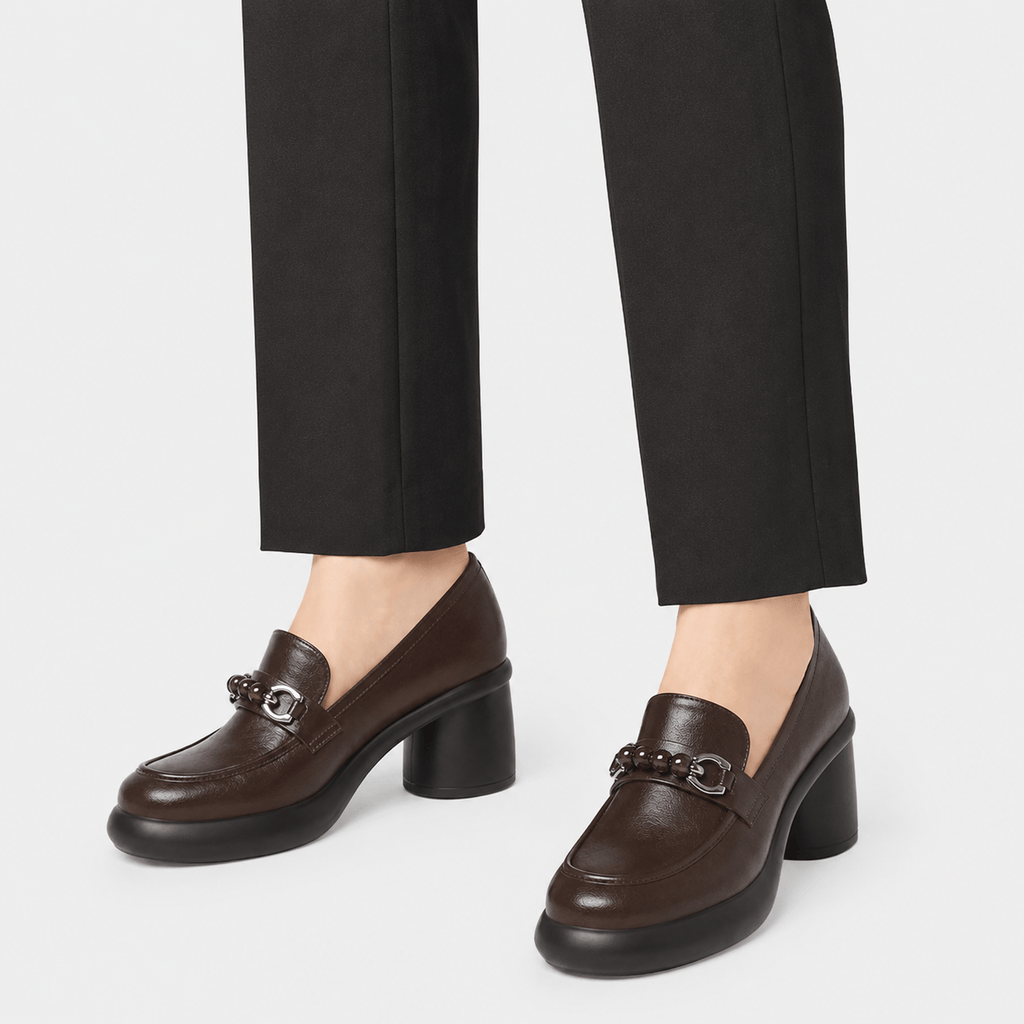 Ma boutique Women's Brown Chunky Heel Loafers – Beaded Buckle Leather Dress Shoes for Ladies