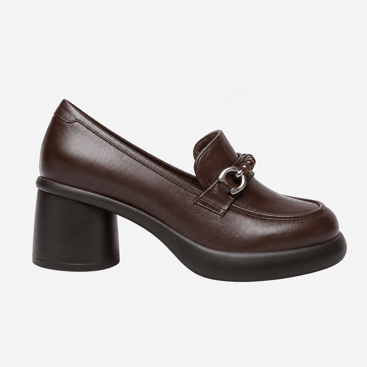 Ma boutique Women's Brown Chunky Heel Loafers – Beaded Buckle Leather Dress Shoes for Ladies