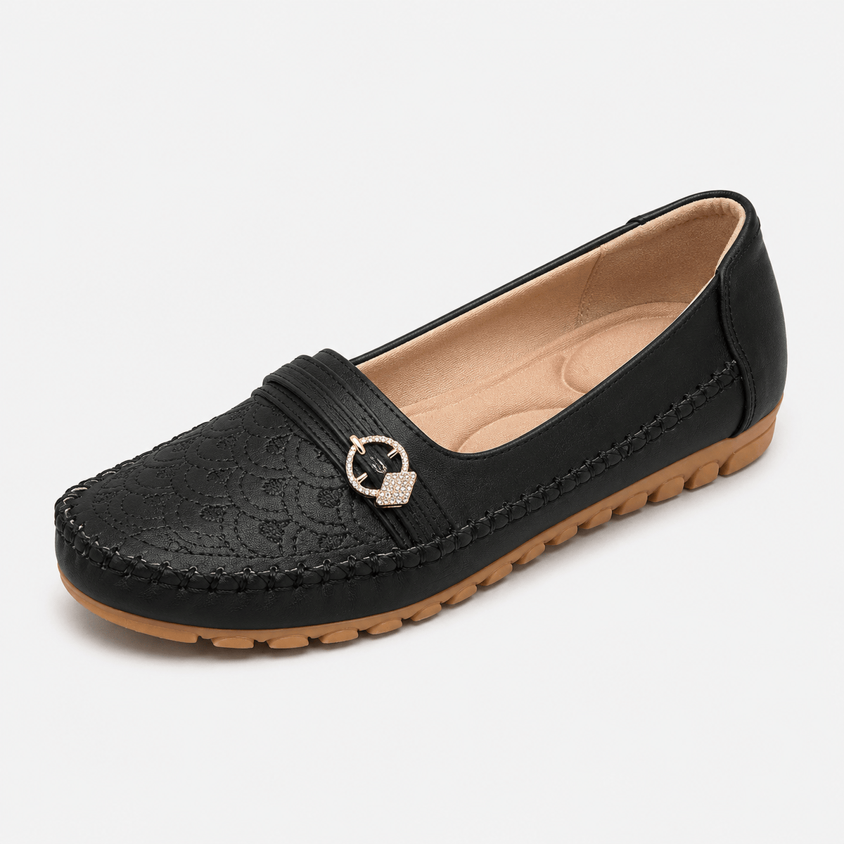 Ma boutique Women's Embroidered Slip-On Loafers – Black Lightweight Wide Fit Breathable Flat Shoes