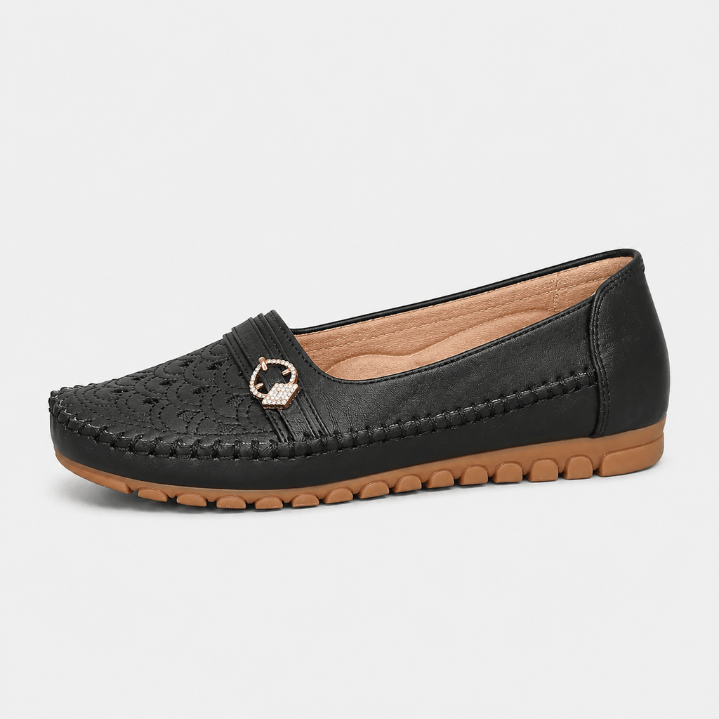 Ma boutique Women's Embroidered Slip-On Loafers – Black Lightweight Wide Fit Breathable Flat Shoes