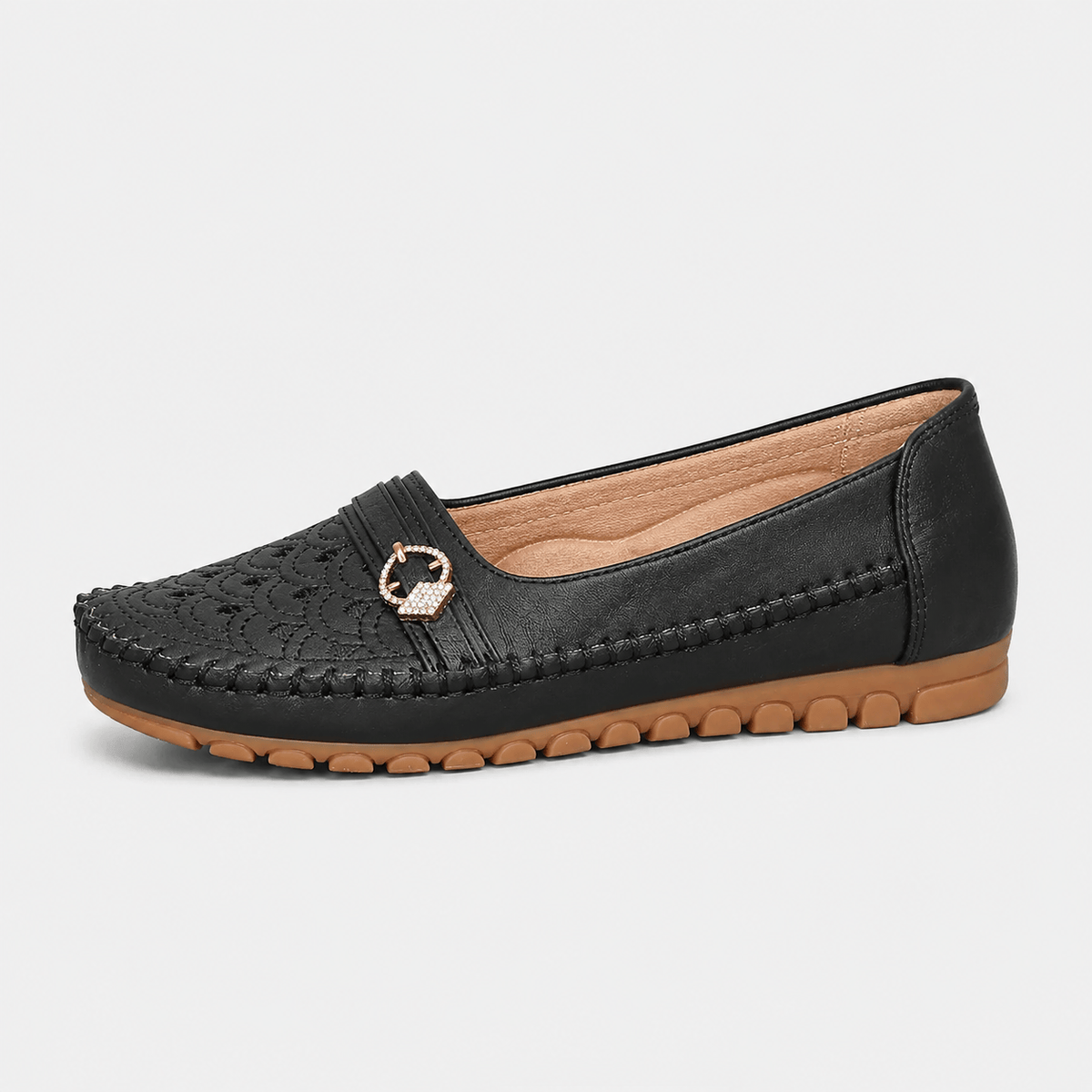 Ma boutique Women's Embroidered Slip-On Loafers – Black Lightweight Wide Fit Breathable Flat Shoes