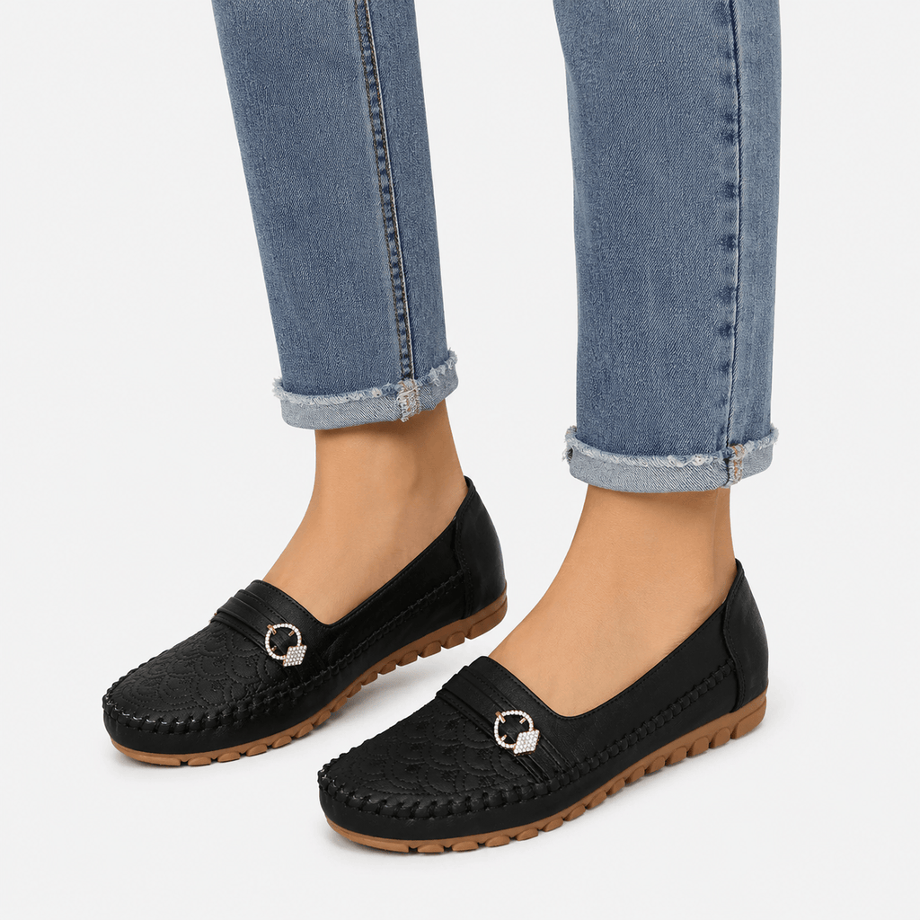 Ma boutique Women's Embroidered Slip-On Loafers – Black Lightweight Wide Fit Breathable Flat Shoes