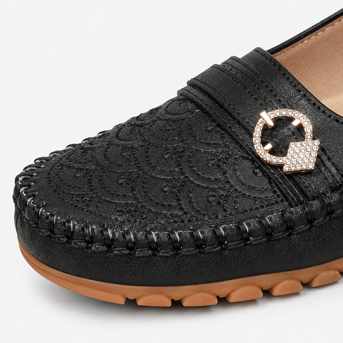 Ma boutique Women's Embroidered Slip-On Loafers – Black Lightweight Wide Fit Breathable Flat Shoes