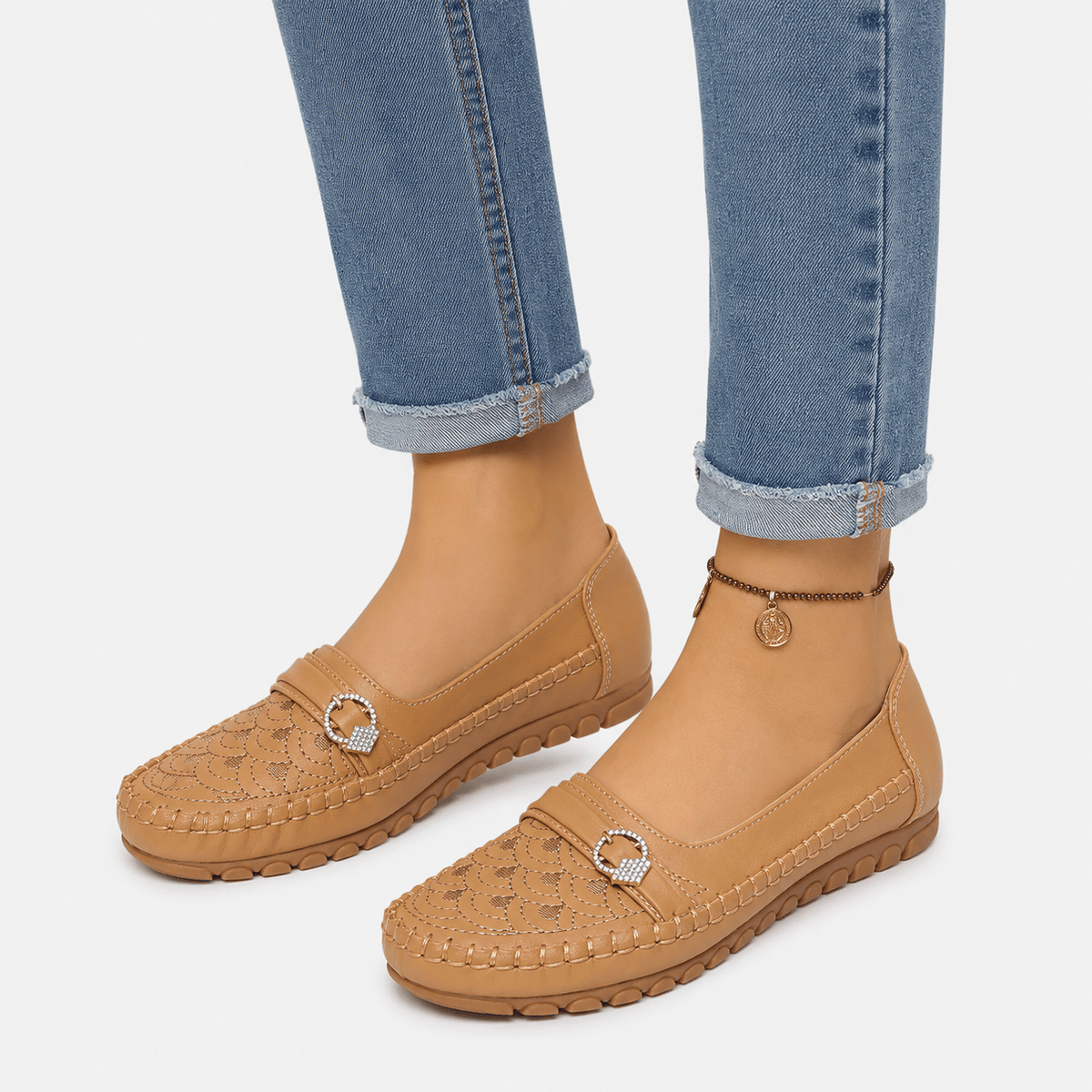 Ma boutique Women's Embroidered Slip-On Loafers – Brown Lightweight Wide Fit Breathable Flat Shoes