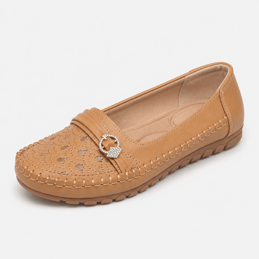 Ma boutique Women's Embroidered Slip-On Loafers – Brown Lightweight Wide Fit Breathable Flat Shoes