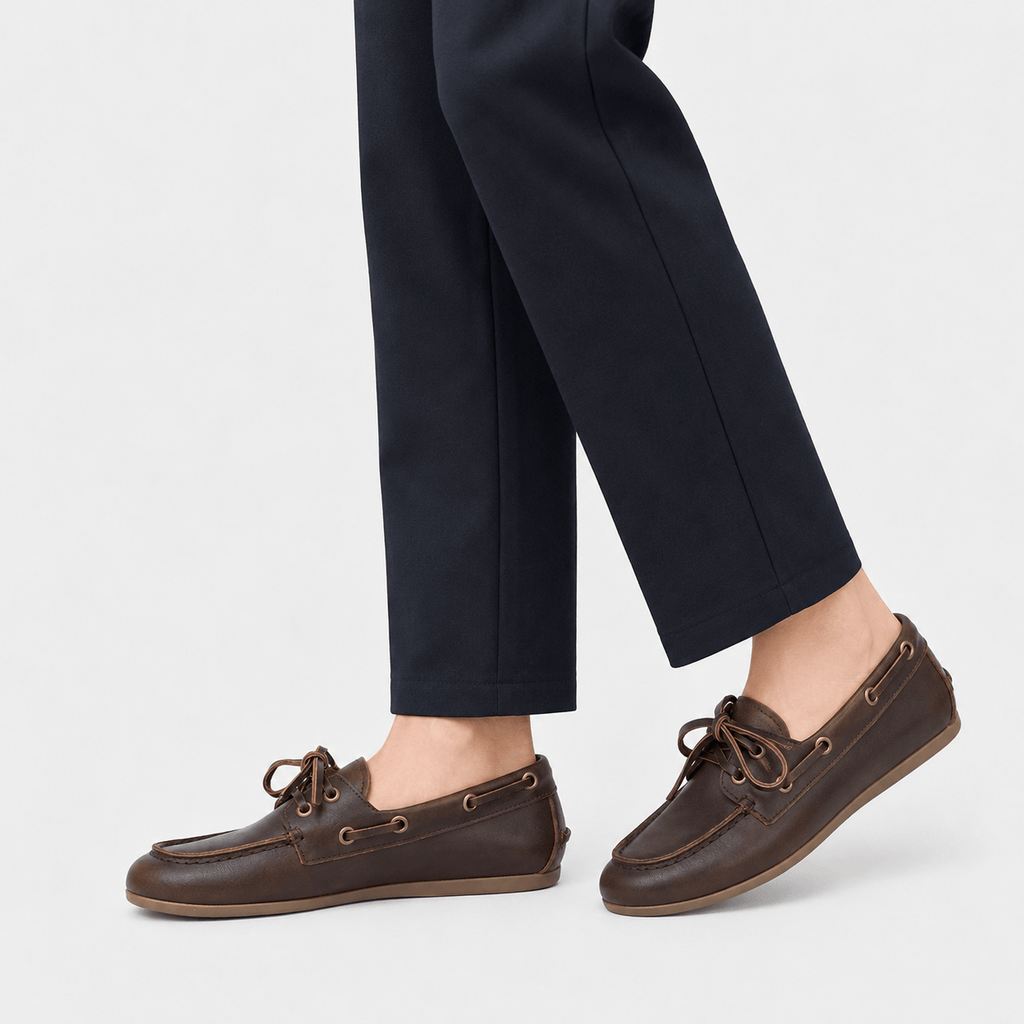 Ma boutique Women's Genuine Leather Boat Loafers – Brown Classic Flat Moccasin Shoes