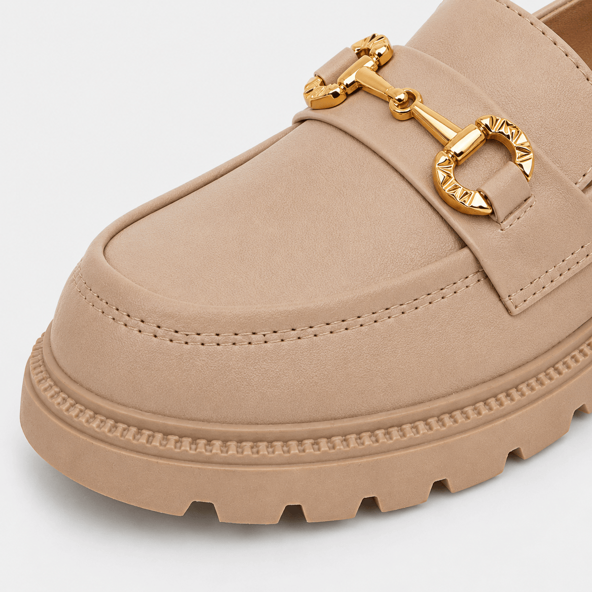 Ma boutique Women's Gold Buckle Loafers – Beige Retro British Style Round Toe Slip-On Shoes