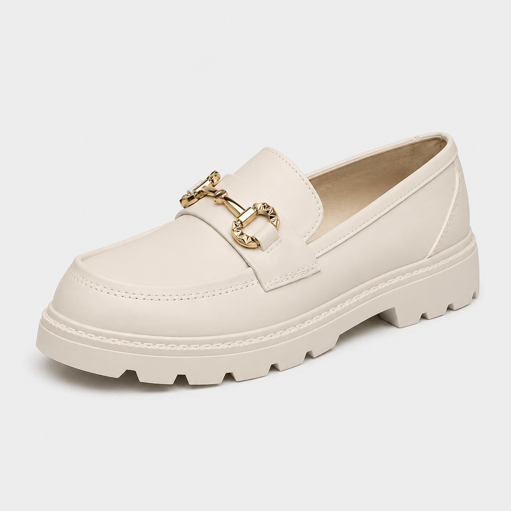 Ma boutique Women's Gold Buckle Loafers – Beige Retro British Style Round Toe Slip-On Shoes