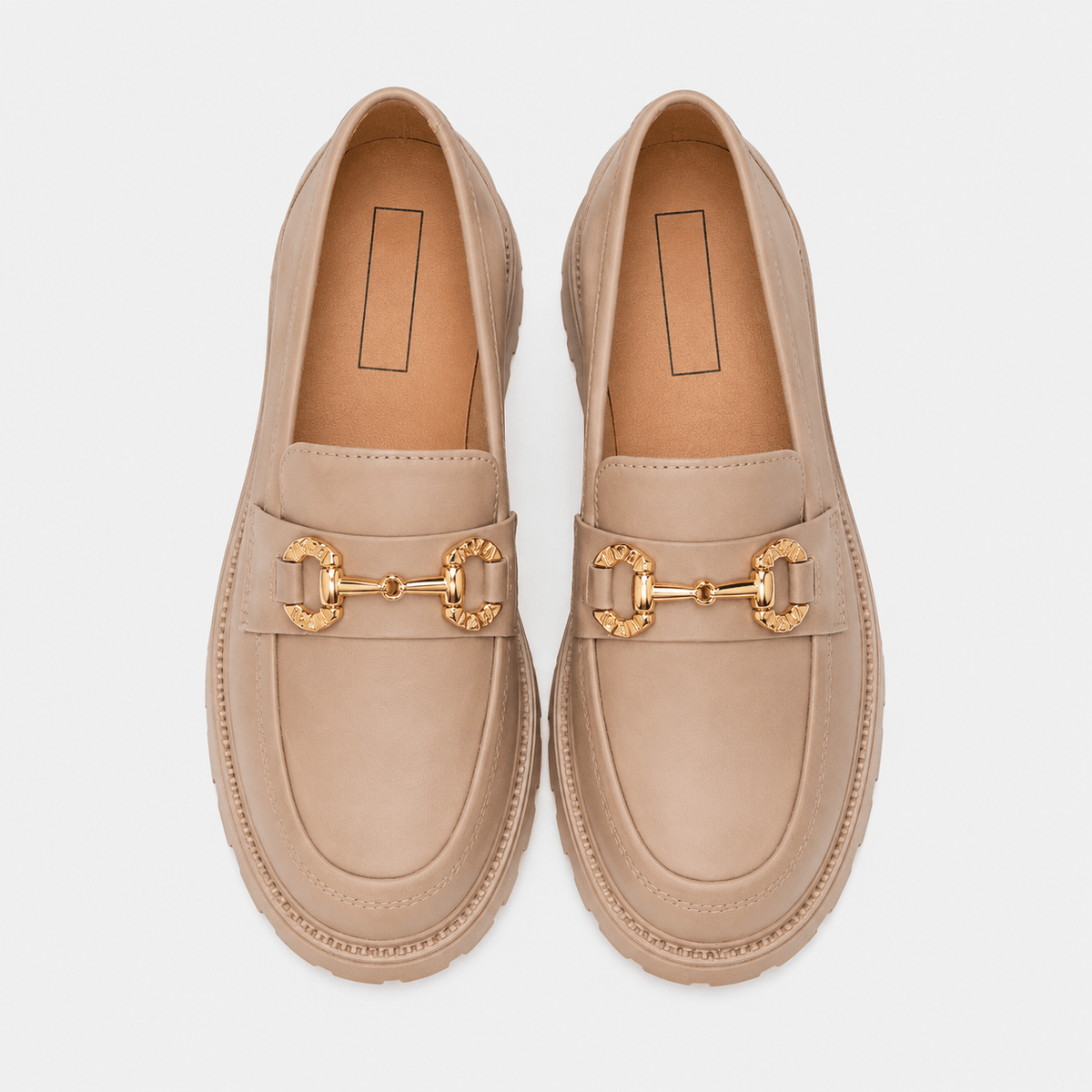Ma boutique Women's Gold Buckle Loafers – Beige Retro British Style Round Toe Slip-On Shoes
