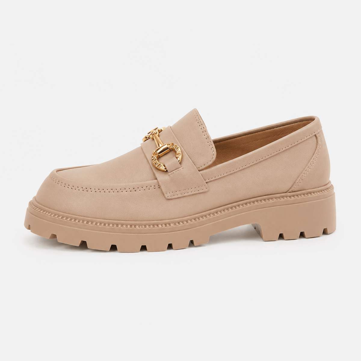 Ma boutique Women's Gold Buckle Loafers – Beige Retro British Style Round Toe Slip-On Shoes