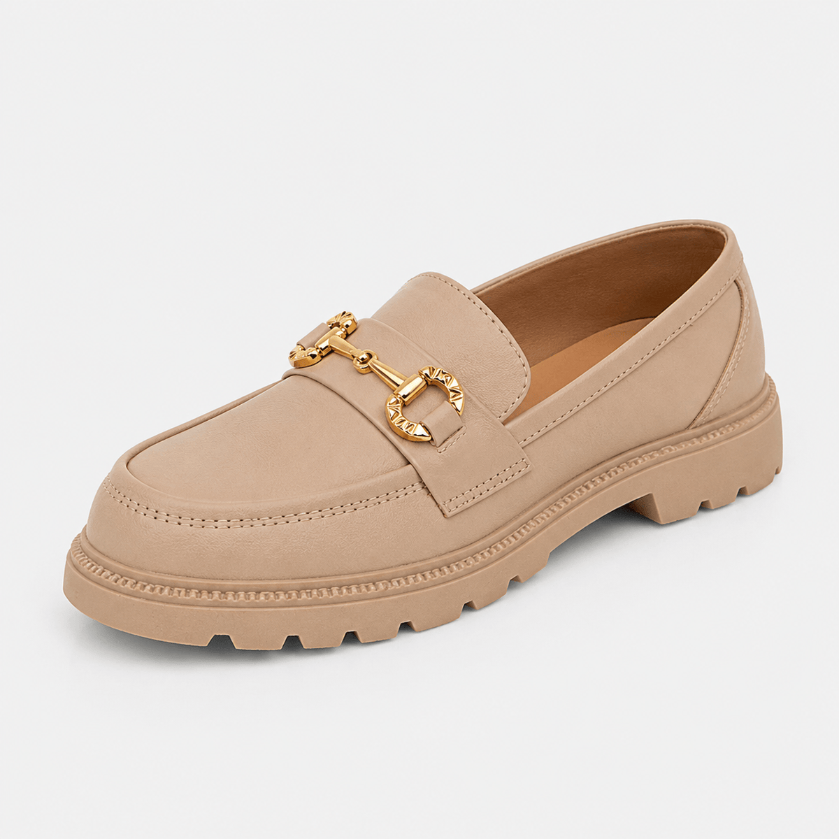 Ma boutique Women's Gold Buckle Loafers – Beige Retro British Style Round Toe Slip-On Shoes