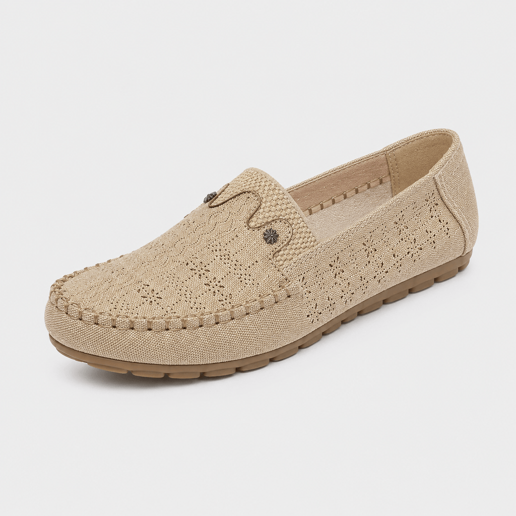 Ma boutique Women's Hollow Floral Loafers – Beige Lightweight Breathable Slip-On Flat Shoes