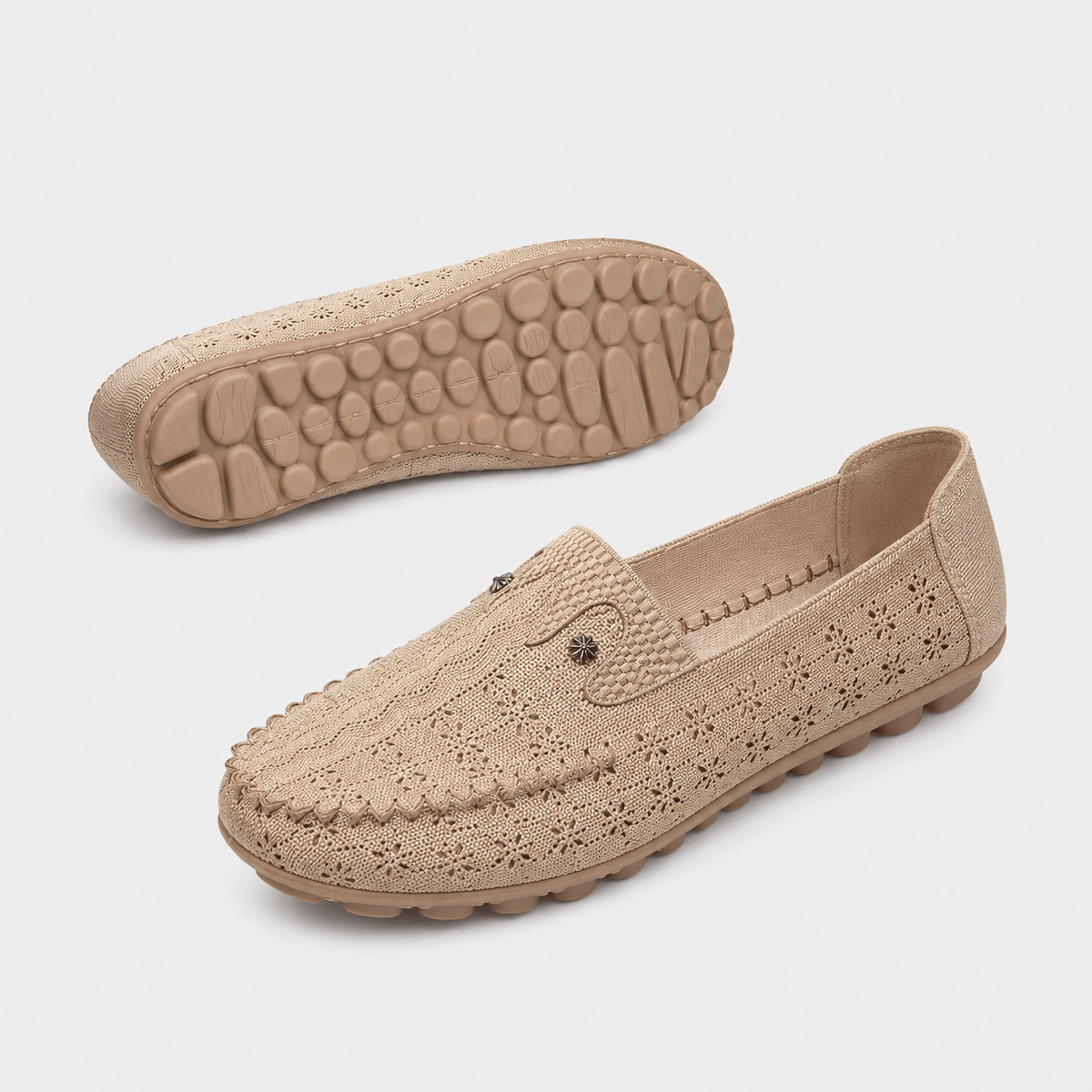 Ma boutique Women's Hollow Floral Loafers – Beige Lightweight Breathable Slip-On Flat Shoes