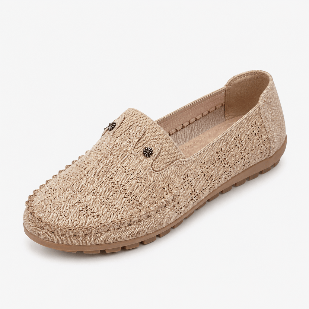 Ma boutique Women's Hollow Floral Loafers – Beige Lightweight Breathable Slip-On Flat Shoes