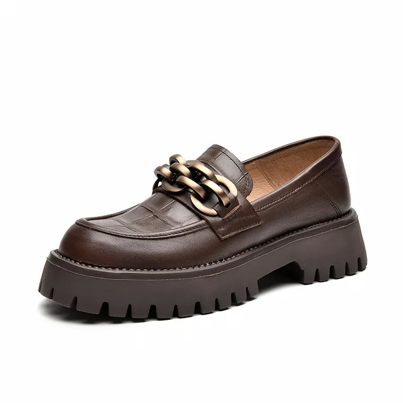 Ma boutique Women's Platform Loafers – Black Genuine Leather Chain Slip-On Shoes