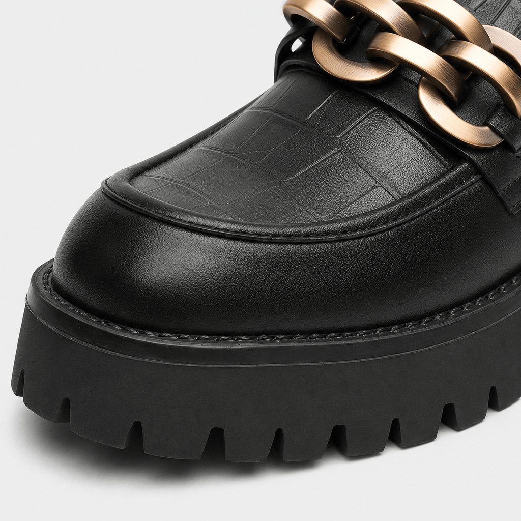 Ma boutique Women's Platform Loafers – Black Genuine Leather Chain Slip-On Shoes
