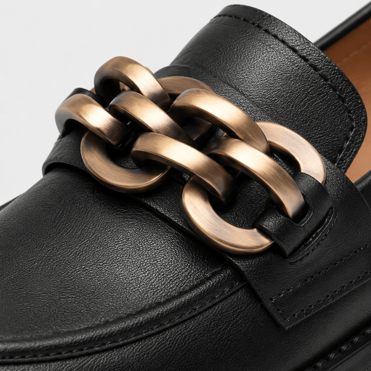 Ma boutique Women's Platform Loafers – Black Genuine Leather Chain Slip-On Shoes