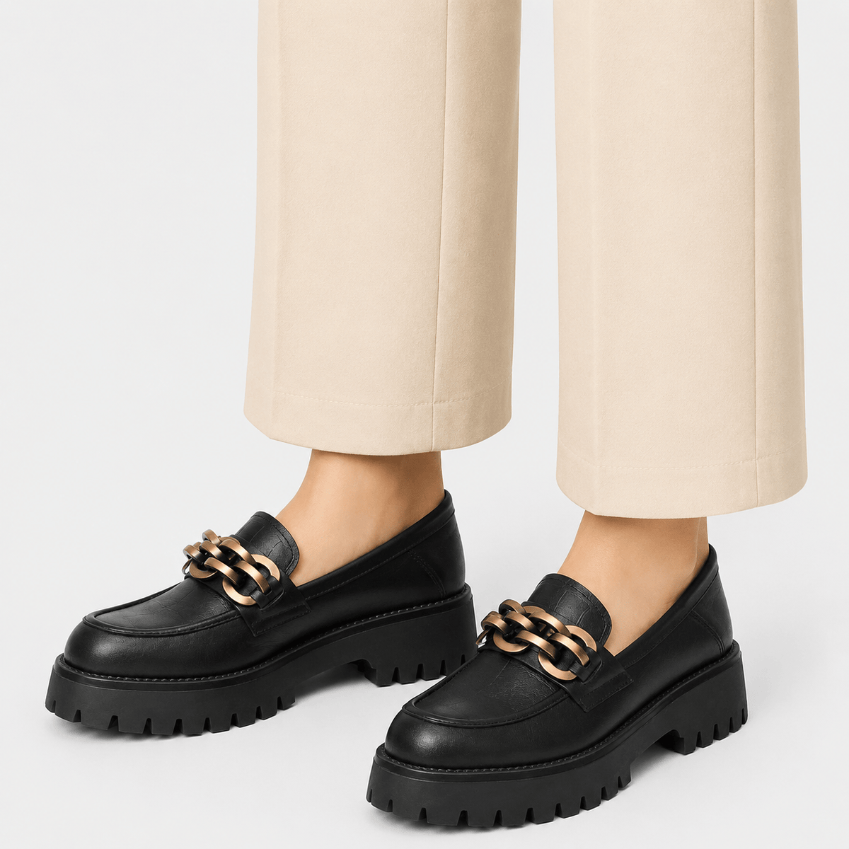 Ma boutique Women's Platform Loafers – Black Genuine Leather Chain Slip-On Shoes