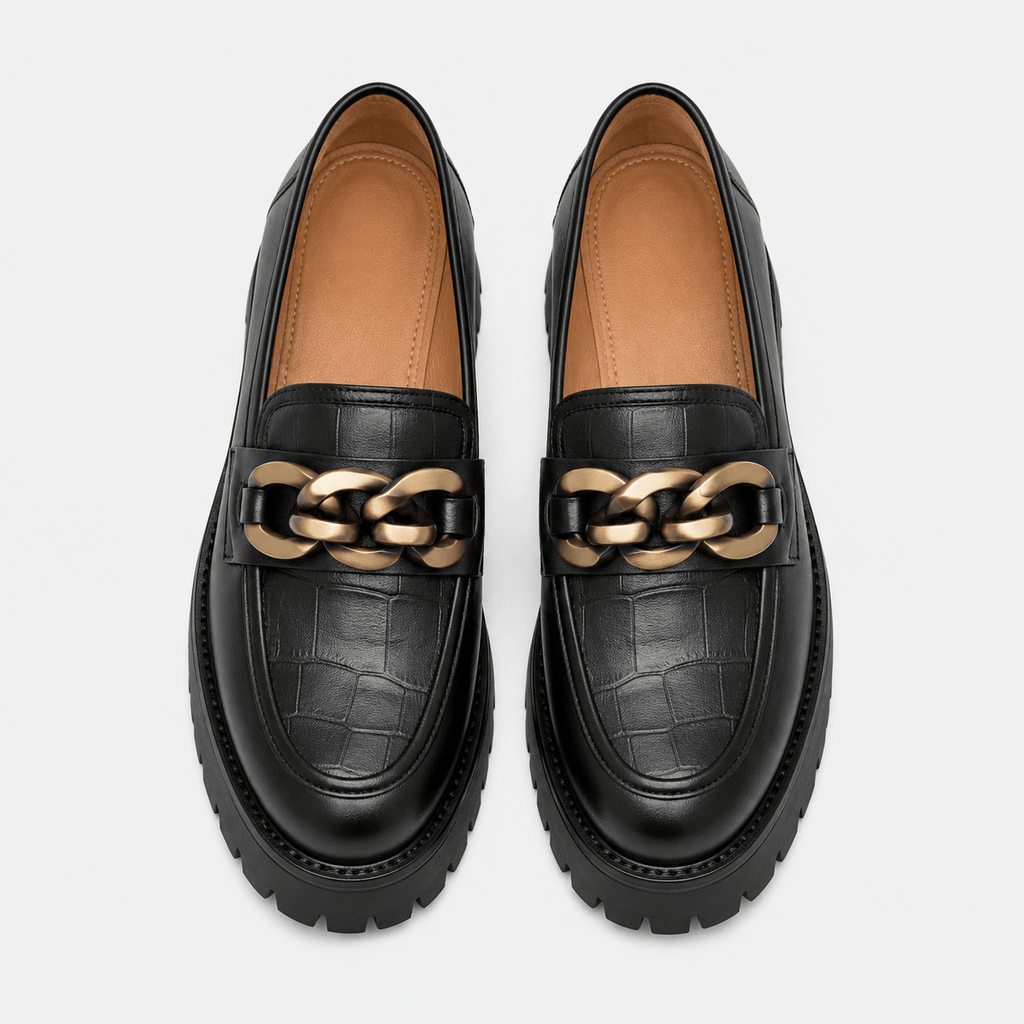 Ma boutique Women's Platform Loafers – Black Genuine Leather Chain Slip-On Shoes