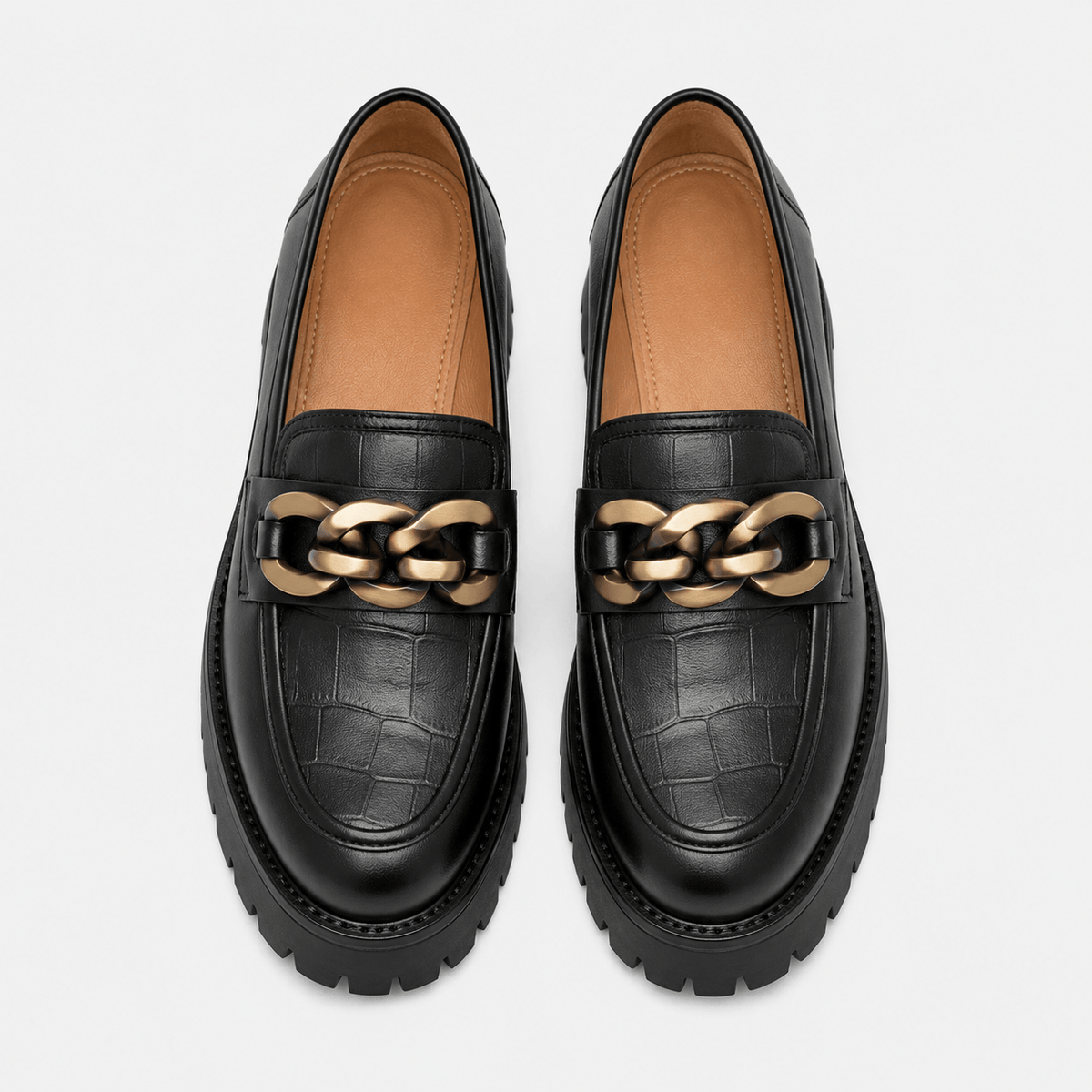 Ma boutique Women's Platform Loafers – Black Genuine Leather Chain Slip-On Shoes