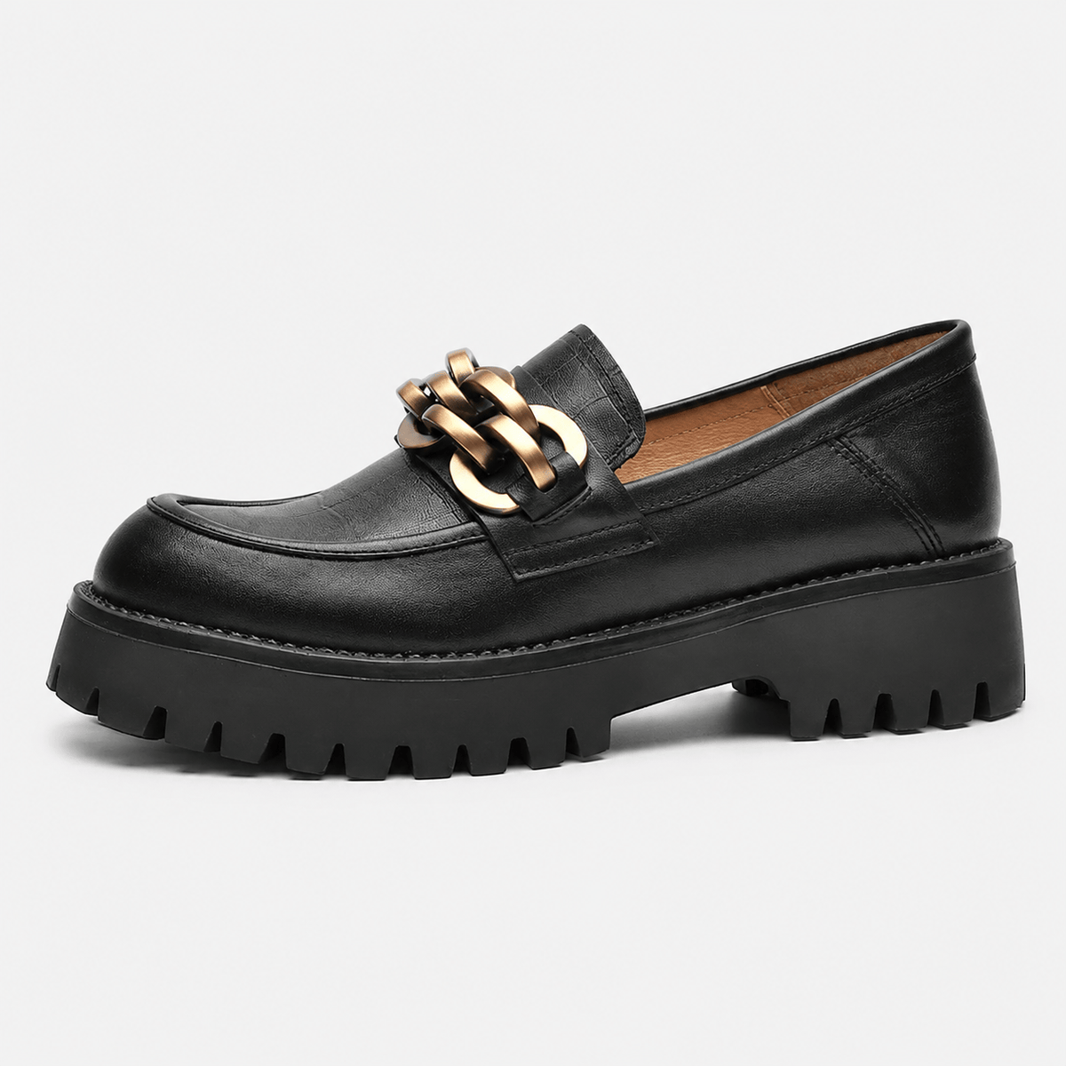 Ma boutique Women's Platform Loafers – Black Genuine Leather Chain Slip-On Shoes