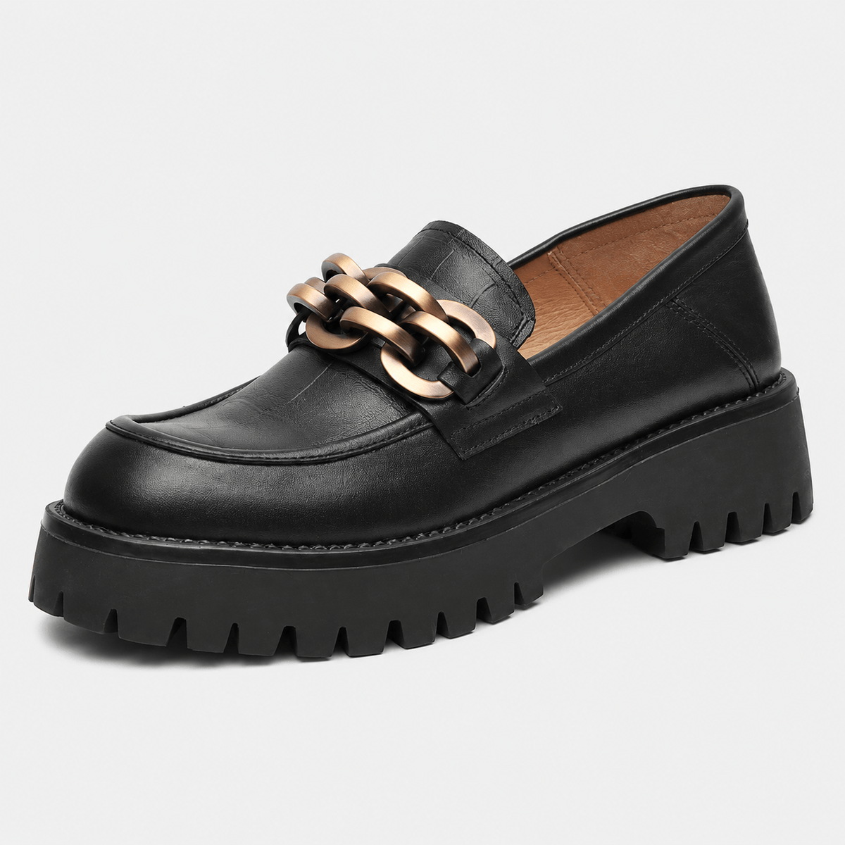 Ma boutique Women's Platform Loafers – Black Genuine Leather Chain Slip-On Shoes