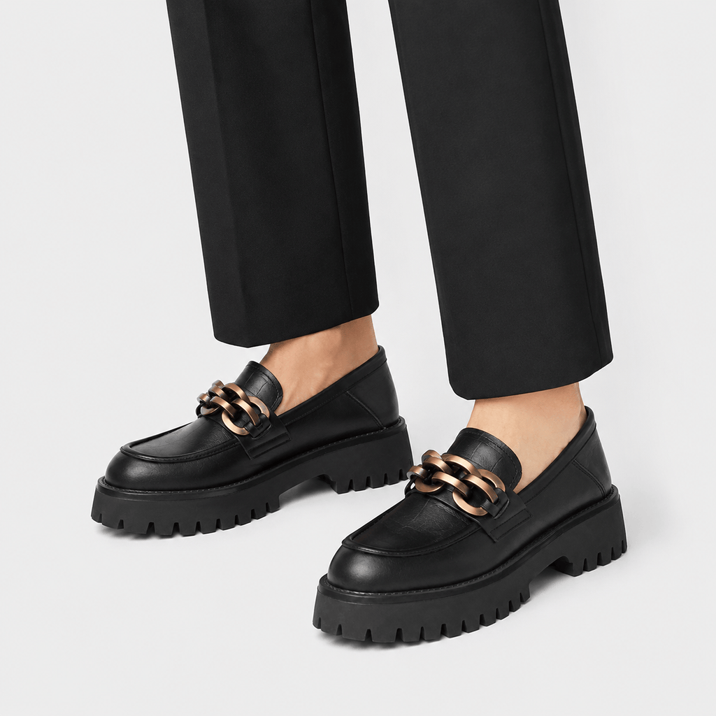 Ma boutique Women's Platform Loafers – Black Genuine Leather Chain Slip-On Shoes