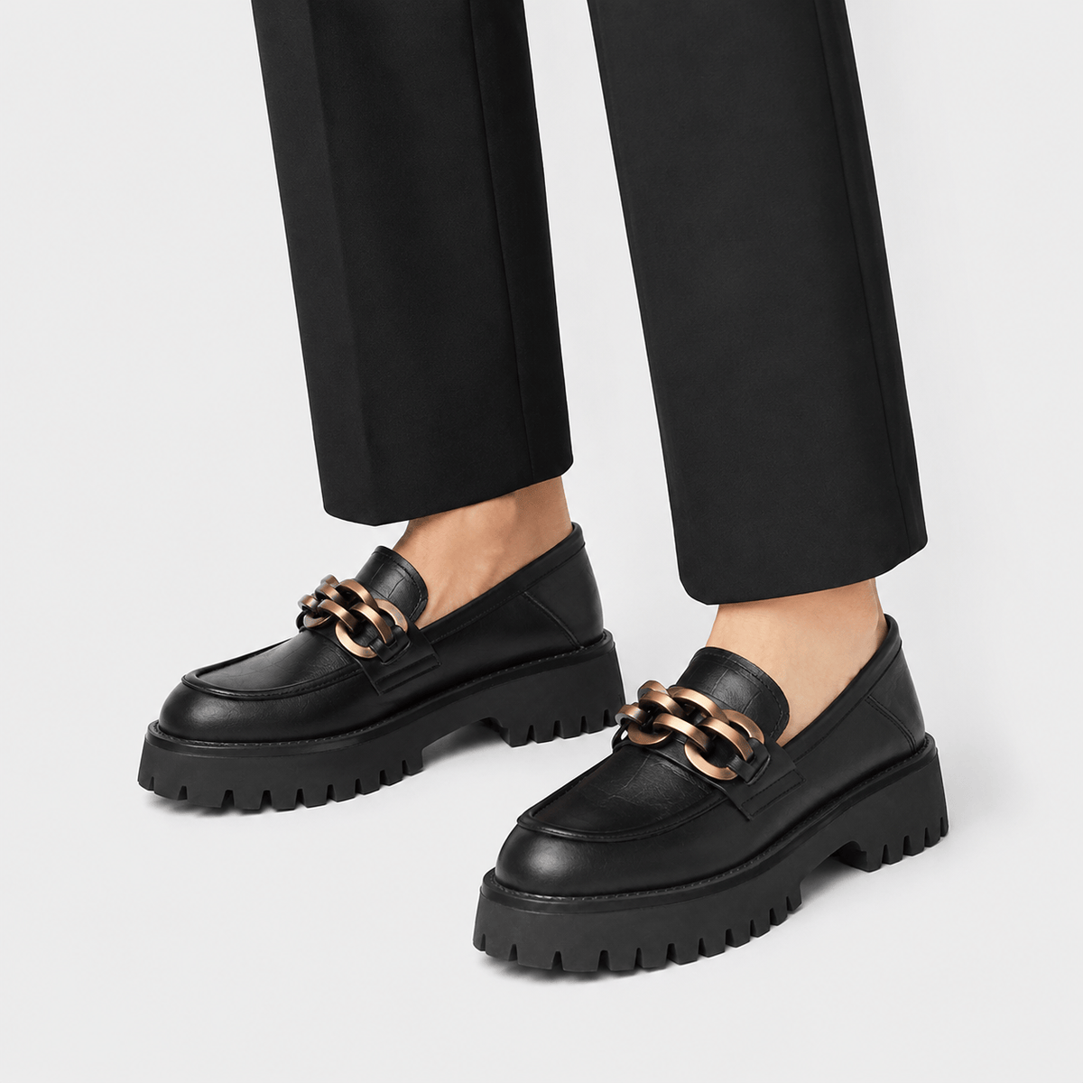 Ma boutique Women's Platform Loafers – Black Genuine Leather Chain Slip-On Shoes