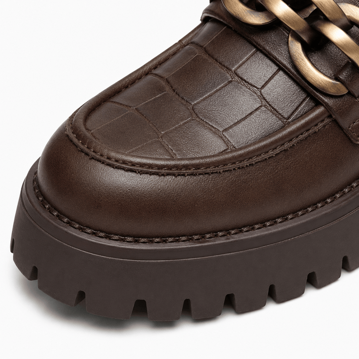 Ma boutique Women's Platform Loafers – Brown Genuine Leather Chain Slip-On Shoes