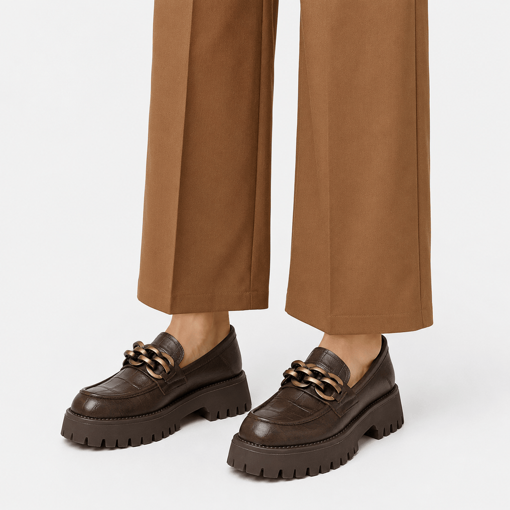 Ma boutique Women's Platform Loafers – Brown Genuine Leather Chain Slip-On Shoes