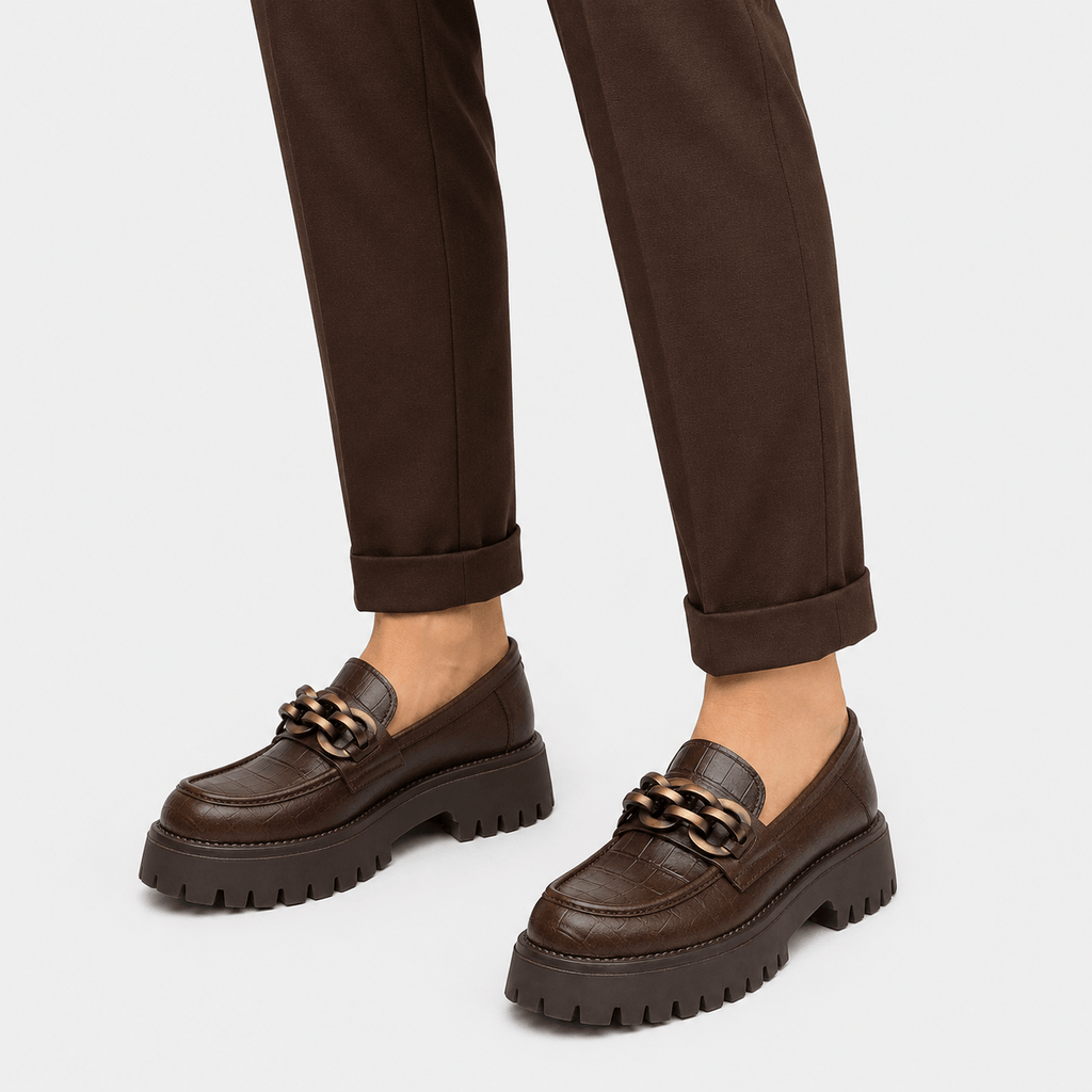 Ma boutique Women's Platform Loafers – Brown Genuine Leather Chain Slip-On Shoes