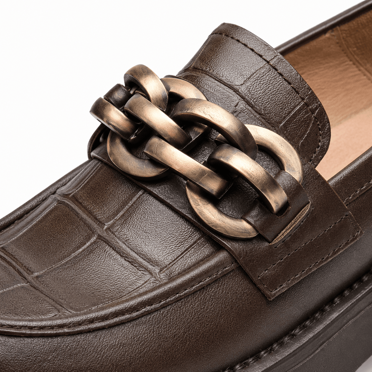 Ma boutique Women's Platform Loafers – Brown Genuine Leather Chain Slip-On Shoes